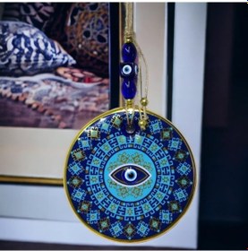 Resim Yaldızlı Turkuaz Renkli Göz Modelli Nazar Boncuklu Duvar Süsü Cam 