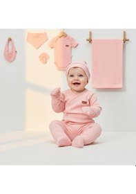 Resim Milays 0-3 Ay Bebeklere %100 Pamuk Çıtçıtlı Body Li Havlulu 7 Parçalı Zıbın Takımı Somon 