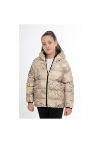 Resim Firststops Kız Çocuk Bej Pusula Desen İçi Polar Su Ve Rüzgar Geçirmez Kapüşonlu Cepli Şişme Kışlık Mont Bej 