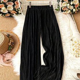 Resim Kadınlar İçin Şık Dokulu Pilili Elastik Bel Geniş Paça Pantolon, Düz Kesim Ofis ve Günlük Kullanım Stili 