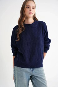Resim Mixray 6947 Kadın Kendinden Desenli Oversize Triko Kazak Lacivert 