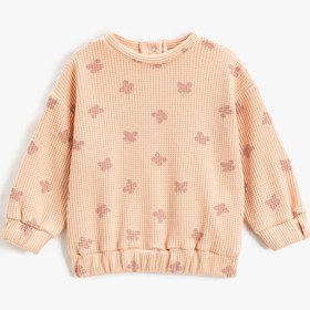 Resim Kız Bebek Kelebek Baskılı Sweatshirt Dokulu Bisiklet Yaka Yakası Çıtçıtlı Uzun Kollu 