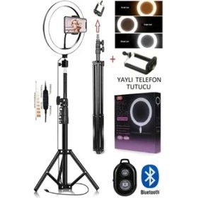 Resim Yussraw Bluetooth Kumandalı 10"inç LED Işıklı Halka + Yaylı Telefon Tutacağı 2.10 cm Tripod Siyah 