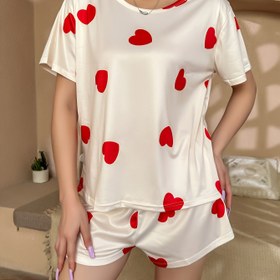 Resim Kadınlar İçin Rahat Kalp Baskılı Pijama Takımı - Günlük Kısa Kollu & Yuvarlak Yaka Şort, Yumuşak Polyester Karışımı, Makinede Yıkanabilir - Tüm Mevsimler İçin Mükemmel 