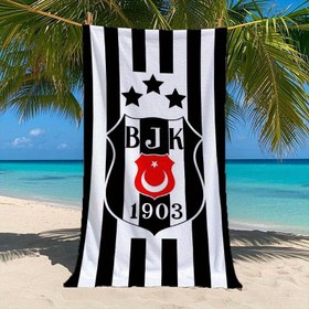 Resim 1 Adet Beşiktaş JK Futbol Kulübü Logolu Siyah Beyaz Çizgili Baskılı Plaj Havlusu - Yumuşak, Rahat ve Hafif Canlı Renkli Plaj Havlusu - Ter Emici ve Hızlı Kuruyan - Dış Mekan Plaj Gezileri, Yüzme, Spor Salonu, Yoga için Mükemmel, Hediye 