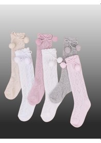 Resim Kıpırık Baby 1'li Kız Bebek Pon Pon Kurdele Detaylı Dizaltı Çorap Pembe-1235 Pembe 