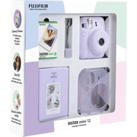 Resim Fujifilm Instax Mini 12 Lila Fotoğraf Makinesi 10'lu Film Simli Pleksi Kılıf Pvc Albüm ve Kıskaçlı Resim Standı Bundle Box 