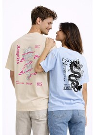 Resim Sevgili Kombini Dragon Baskılı Çift Tişört Oversize Unisex Street Bej 