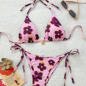 Resim Kadın Çok Renkli Rastgele Çiçek Desenli Moda Bikini Üstü Düşük Bel Seksi Bağcıklı Ayarlanabilir Külotlar Sıcak Kaynaşma Plaj Tatili Yüzme Bikini Mayo İki Parça Seti 