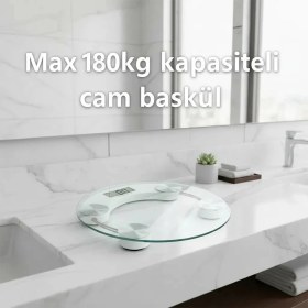 Resim MiraLive Yuvarlak Şeffaf Dijital Cam Baskül Tartı - 180 kg Taşıma Kapasitesi, Hassas Ölçüm, Şık T 