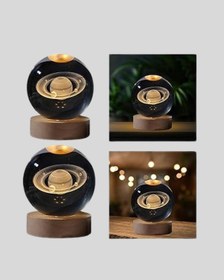 Resim Satürn Desenli Kristal Küre Led Gece Lambası Semeglbl - 12 Ahşap Standlı 