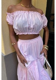 Resim Buğrahayalin Büzgülü Crop Kat Detaylı Fırfır Etekli Takım 10196 Pembe 