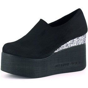 Resim Erkan Saçmacı Lumi Siyah Süet Yuvarlak Burun Taşlı Gizli Dolgu Topuklu Günlük Ayakkabı Siyah - Gümüş 