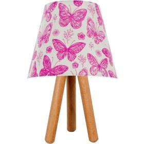 Resim Evlight Çocuk Odası Üç Ayaklı Ahşap Abajur Pembe Kelebek 