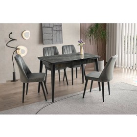Resim Ortadan Açılır Büyüyen 70x120cm Siyah Mermer Desen Ahşap Salon Yemek Masa Gri Sude Sandalye Takımı 4 Siyah Mermer- Gri 