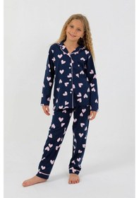 Resim Kız Çocuk Uzun Kollu %100 Pamuklu Düğmeli Pijama Takımı Heartie Indigo 