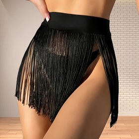 Resim Kadınların Şık Siyah Püskül Sarma Etek - Yüksek Esneklikli Kumaş, Seksi Kapak ile Püskül Detayı, Dans veya Rahat Giyim için Mükemmel, Dans Kapak|Püskül Etek|Esnek Kumaş 