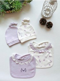 Resim GizaKids %100 Pamuk Bebek Penye Şapka Önlük 4 Parça Set | Kız Erkek Unisex 