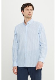 Resim AC&Co / Altınyıldız Classics Erkek Mavı Beyaz Pamuklu Keten Comfort Fit Rahat Kesim Düğmeli Yaka Çizgili Gömlek Mavı Beyaz 