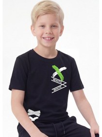 Resim Panios Kids White Yazı Baskılı Yuvarlak Yaka Kısa Kollu Erkek Çocuk Yazlık Tişört Siyah 
