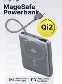 Resim S-LINK QP110 10000mAh Magsafe 15W QI2 PD22.5W Gri LCD Taşınabilir Pil Şarj Cihazı Powerbank 