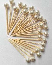 Resim 136 Parça Krem Küçük Top İnci Boncuklu Sofra Seti Uzun Kürdan Kısa Kürdan Peçete Halkası-inci 8 Mm 