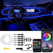 Resim Kablosuz Uygulama ve Uzaktan Kumandalı İç Araba LED Şerit Işıkları, RGB 6'sı 1 Arada Ortam Aydınlatma Kitleri ile 8.0 metre Fiberoptik, Müziğe Senkronize Edilen 16 Milyon Renkli Araba Neon Işıklar 