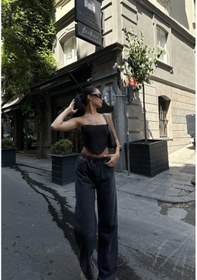 Resim Arkadan Yırtmaçlı Jeans Kot Palazzo Pantolon - Siyah Siyah 