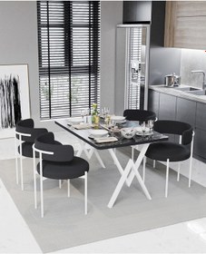 Resim Avvio Majer Beyaz Teddy Sandalye 80x120 Yemek Masası Mutfak Masası 4 Kişilik Masa Sandalye Takımı Siyah Mermer 