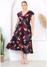 Resim Kadın Mor Mavi Asimetrik Desen Fırfır Kol Kruvaze Yaka Büyük Beden Maxi Elbise Mor 