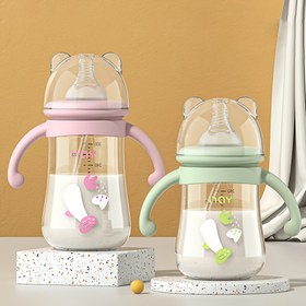 Resim 300ml/10.14oz Çocuk PP Bebek Şişesi, Karikatür Sevimli Çocuk Beslenme Şişesi, Çocuk Beslenme Malzemeleri, Doğum Günü ve Tatil Hediyeleri, PP Malzeme, Pembe ve Mavi, Saplı 