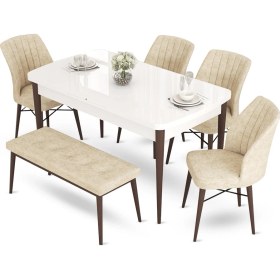 Resim Canisa Concept Aya Serisi 80 x 132 cm Beyaz Masa Ceviz Ayak Mutfak Masa Takımı 4 Sandalye 1 Bench 