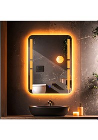 Resim Drayno Amber Led'li Lazer Kumlamalı Lavabo & Banyo Aynası Dokunmatik Sensörlü 70 X 45 Turuncu 
