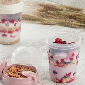 Resim Taşınabilir Kaşıklı Yoğurt Kabı - 600 ml + 200 ml Saklama Haznesi - Pratik Taşınabilir Beslenme Kabı 