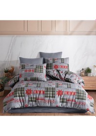 Resim %100 Pamuklu Flanel Pazen Kumaşından Çift Kişilik Nevresim Takımı 180x200+25 Lastikli Çarşaf Gri 