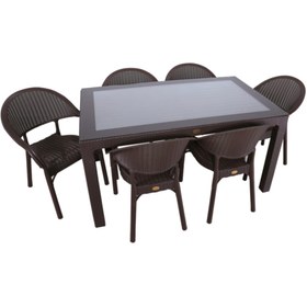 Resim 90x150 Bambu Plastik Rattan Bahçe Balkon Teras Camlı Masa Takımı 6 Sandalyeli Kahverengi 