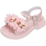Resim Pembe Kızlar Çiçek Sandalet Çocuklar Tatlı Prenses Ayakkabı Parti Düğün İçin Çocuk Deri Sandalet Fransız Tarzı Şık Yaz Moda Pembe 