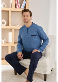 Resim Pijamoni Erkek %100 Pamuk Penye Mevsimlik Uzun Kollu Pijama Takımı 6842 Mavi 