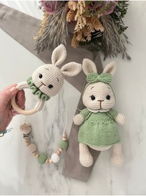 Resim Zey's Amigurumi Amigurumi Yenidoğan Set Tombik Tavşan Uyku Arkadaşı Çıngırak Emzik Zinciri 