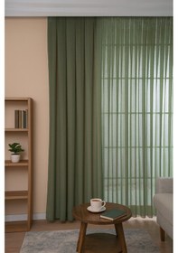 Resim Premium Natural Keten Dokulu Soft Dökümlü Pileli Tül Perde Salon Oturma Odası Yatak Odası Çocuk Odas Yeşil 