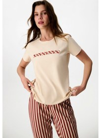 Resim Penti Pastel Bej Ent Buongiorno Pamuklu Kapri Pijama Takımı 