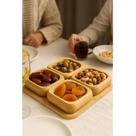Resim Doğal Bambu 4'lü Kare Bölmeli Çerezlik Seti Sunumluk Servis Tabağı Atıştırmalık Kase 