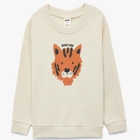 Resim Koton Erkek Bebek Pamuklu Uzun Kollu Bisiklet Yaka Kaplan Baskılı Sweatshirt Ekru 