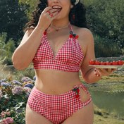 Resim Kadınların Modası Plaid Cherry Bikini Seti - Kırmızı ve Beyaz Checkered Desenli Seksi Yüksek Esnek Mayo, Yaz Plaj ve Havuz Partileri İçin Mükemmel, Plaj Mayo|Oyuncağı Mayo|Esnek Kumaş 