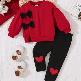 Resim 2 Parça Kız Çocuk Sonbahar/Kış Fiyonklu Kapüşonlu Sweatshirt ve Siyah Pantolon Takımı, Dış Mekan İçin Mükemmel 