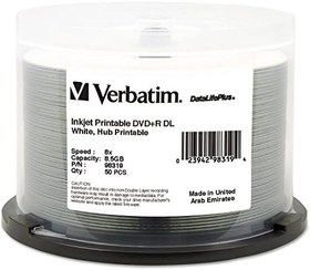 Resim Verbatim DVD+R DL 8.5GB 8X DataLifePlus Beyaz Mürekkep Püskürtmeli Yazdırılabilir, Hub Yazdırılabilir - 50pk Mil - 98319 