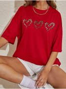 Resim mercoledi Three Hearts Baskılı Kadın Oversize Kırmızı Salaş T-shirt Boyfriend 