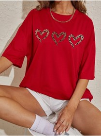 Resim mercoledi Three Hearts Baskılı Kadın Oversize Kırmızı Salaş T-shirt Boyfriend 