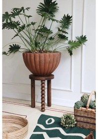 Resim Minimalist Ahşap Mantar Yan Sehpa Modern Tekli Fiskos / Çiçeklik Kahverengi 