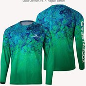 Resim Erkek Yüksek Performans Raglan Balıkçılık Gömleği - Nefes Alabilir ve Nem Çekmez Polyester Kumaş, Sporlu Düzenli Kesim ile Soyutlu Mavi Gradyan Tasarım Tüm Mevsimler İçin 
